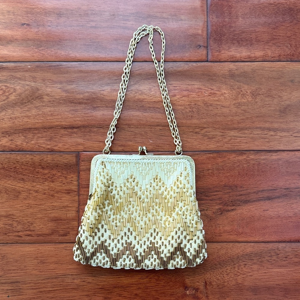 Vintage Fine Arts Bag Company Chevron Beaded Gold Evening Bag Kiss Lock Closure